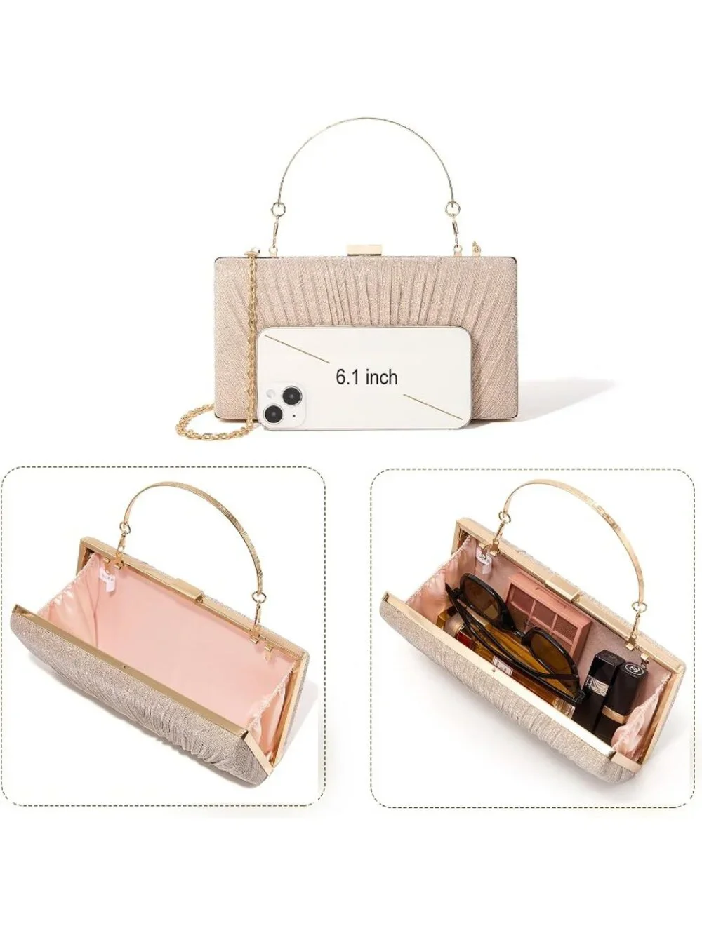 Women's Champagne Pleated Evening Handbag with Chain Prom Classic Clutch Purses